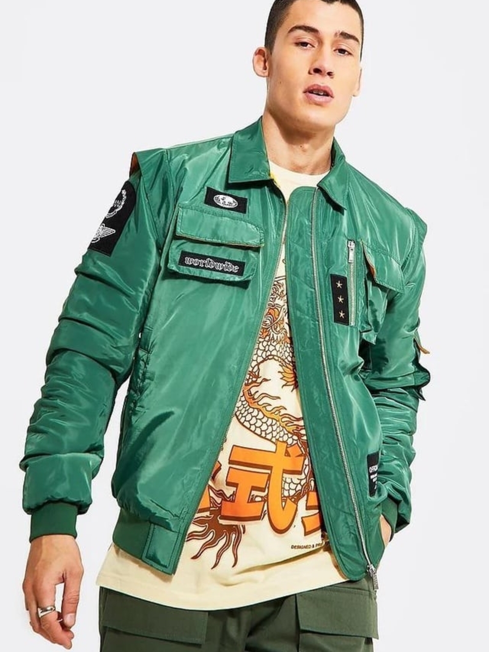boohooMAN Green Satin Nylon Harrington Collared Bomber Jacket Patches Medium
